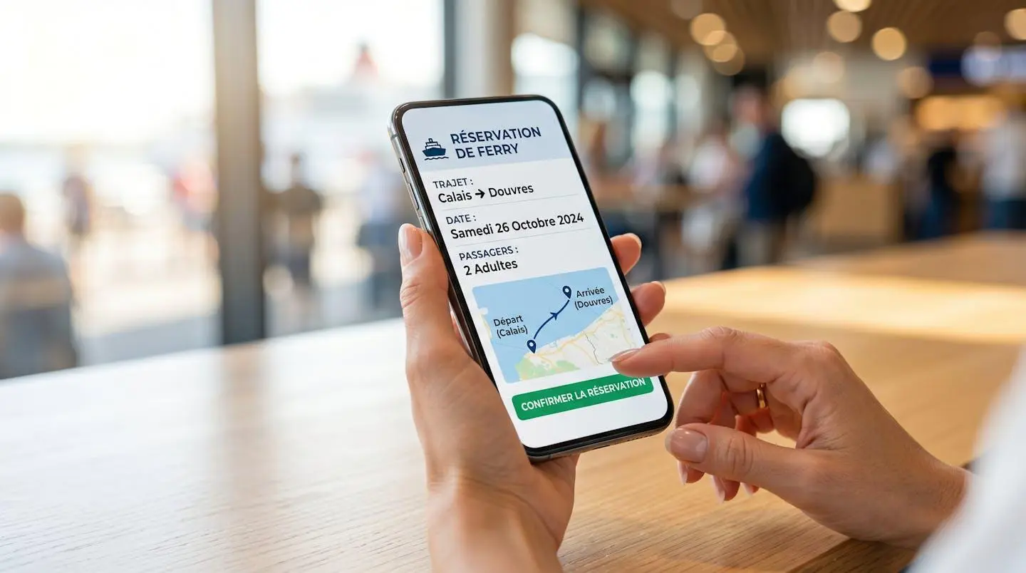 Gros plan sur des mains tenant un smartphone affichant une interface de réservation de ferry avec tarifs et dates, sur une table en bois clair