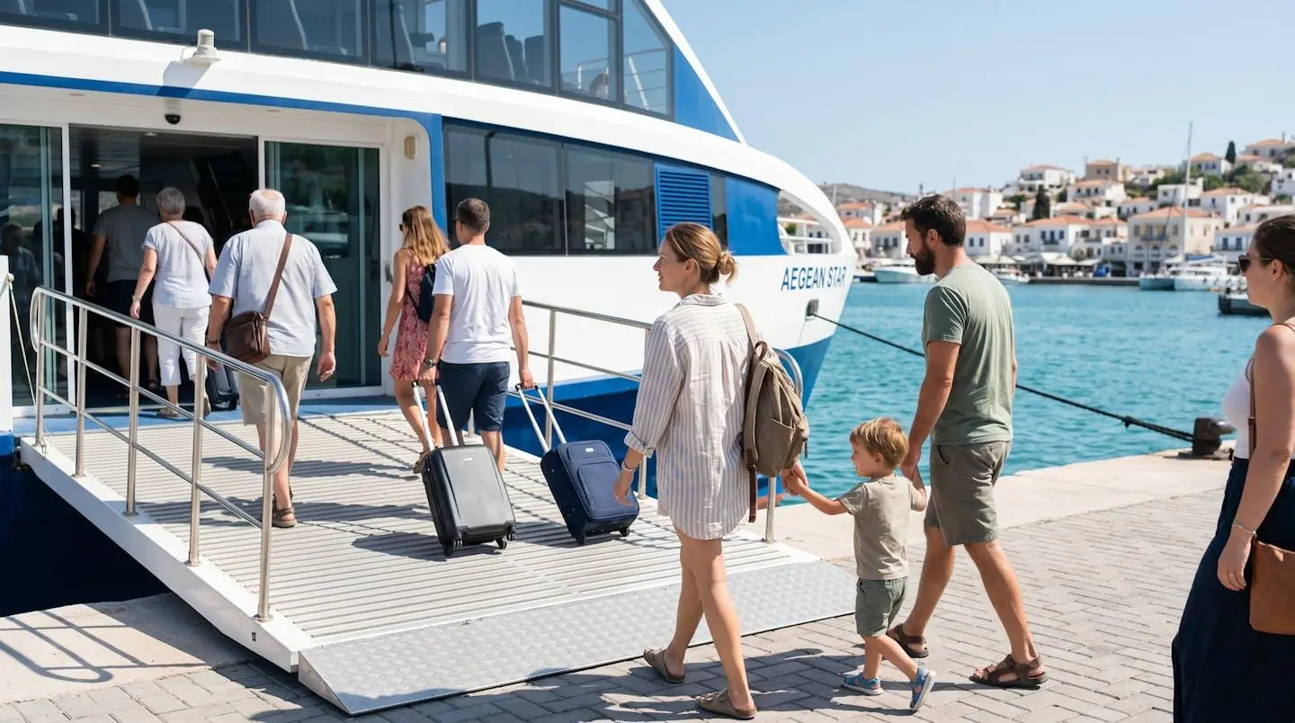Des passagers de dos embarquant sur un ferry moderne depuis la passerelle, ambiance de départ en vacances, bagages à main visibles, lumière méditerranéenne naturelle