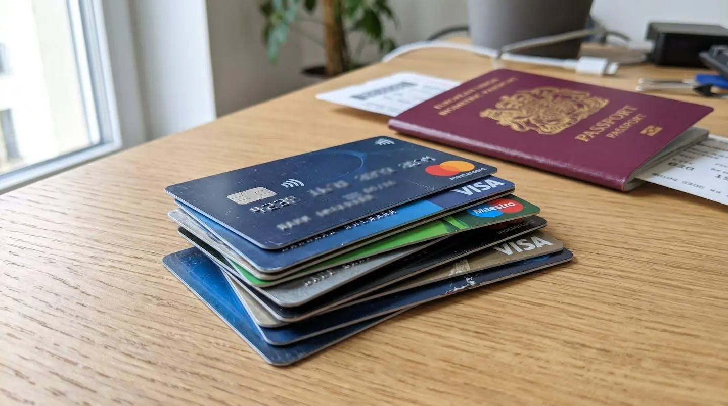 Gros plan macro sur des cartes bancaires Visa et Mastercard empilées avec un passeport européen flouté en arrière-plan, mise au point nette sur la puce électronique