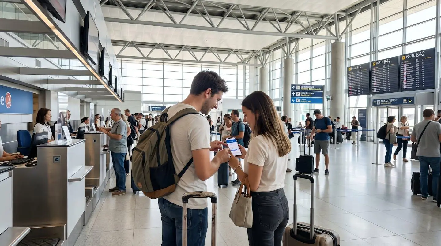 Un couple trentenaire consulte ensemble une application mobile bancaire sur un smartphone au comptoir d'enregistrement d'un aéroport moderne