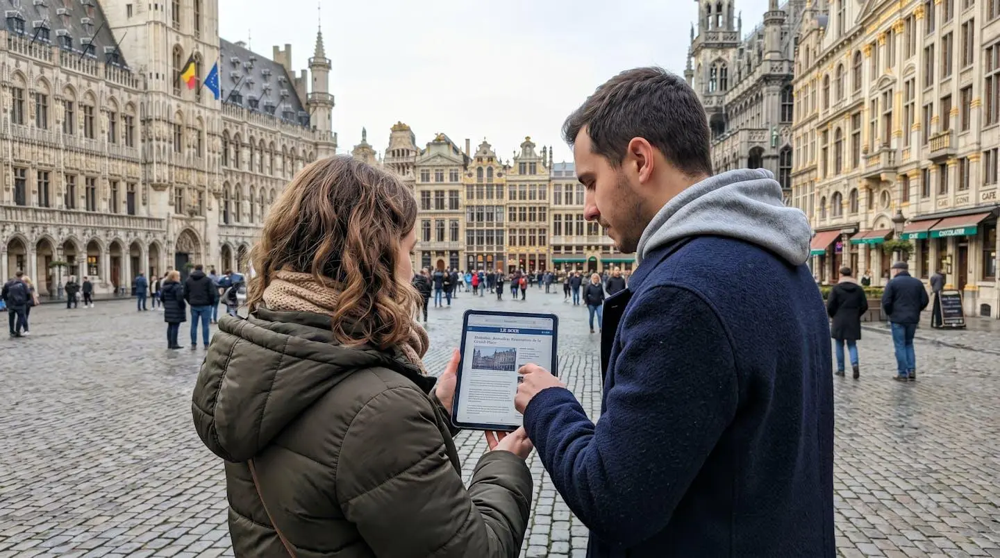 Un couple de touristes consulte une tablette devant la Grand-Place de Bruxelles sous un ciel lumineux