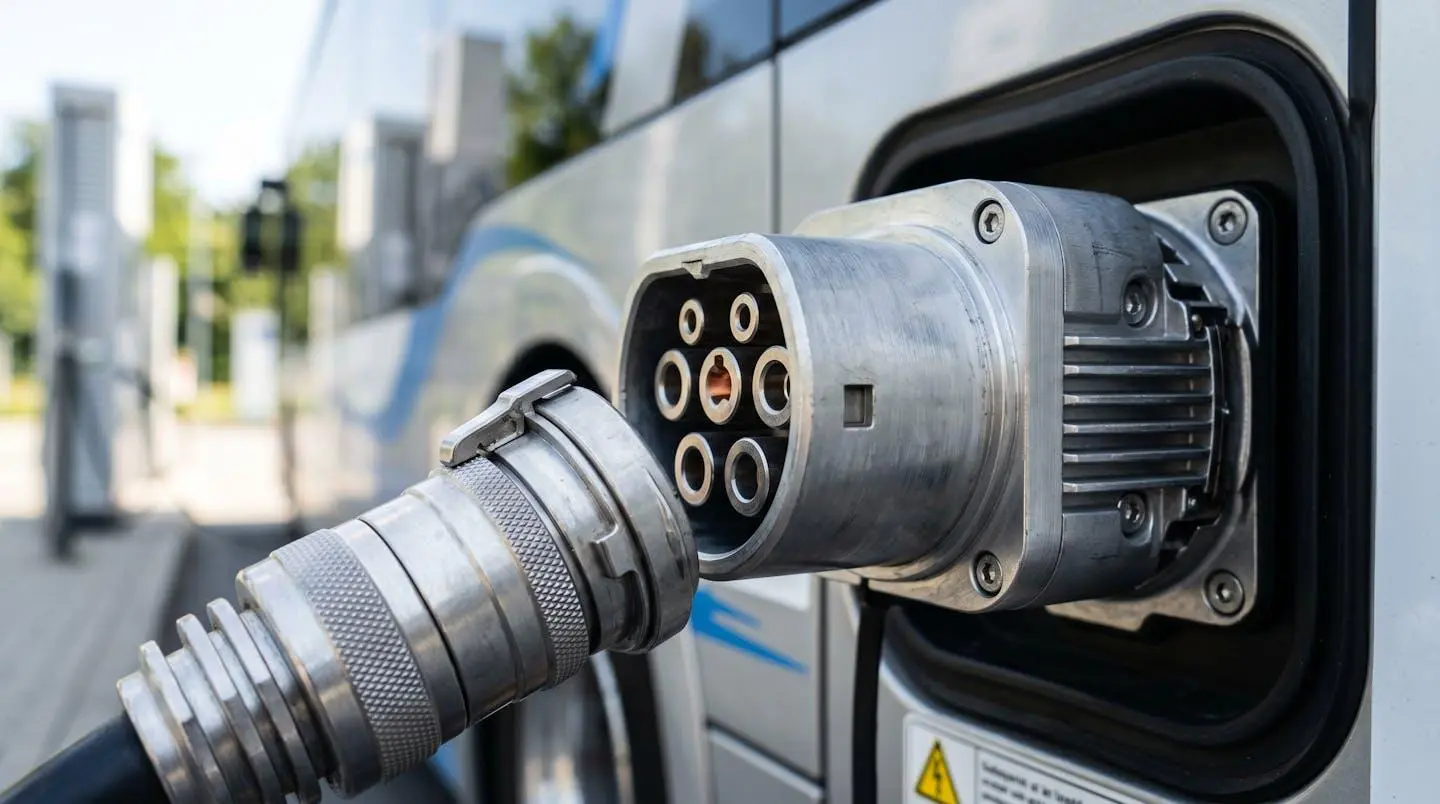 Gros plan détaillé sur un connecteur de recharge électrique moderne avec texture métallique brillante