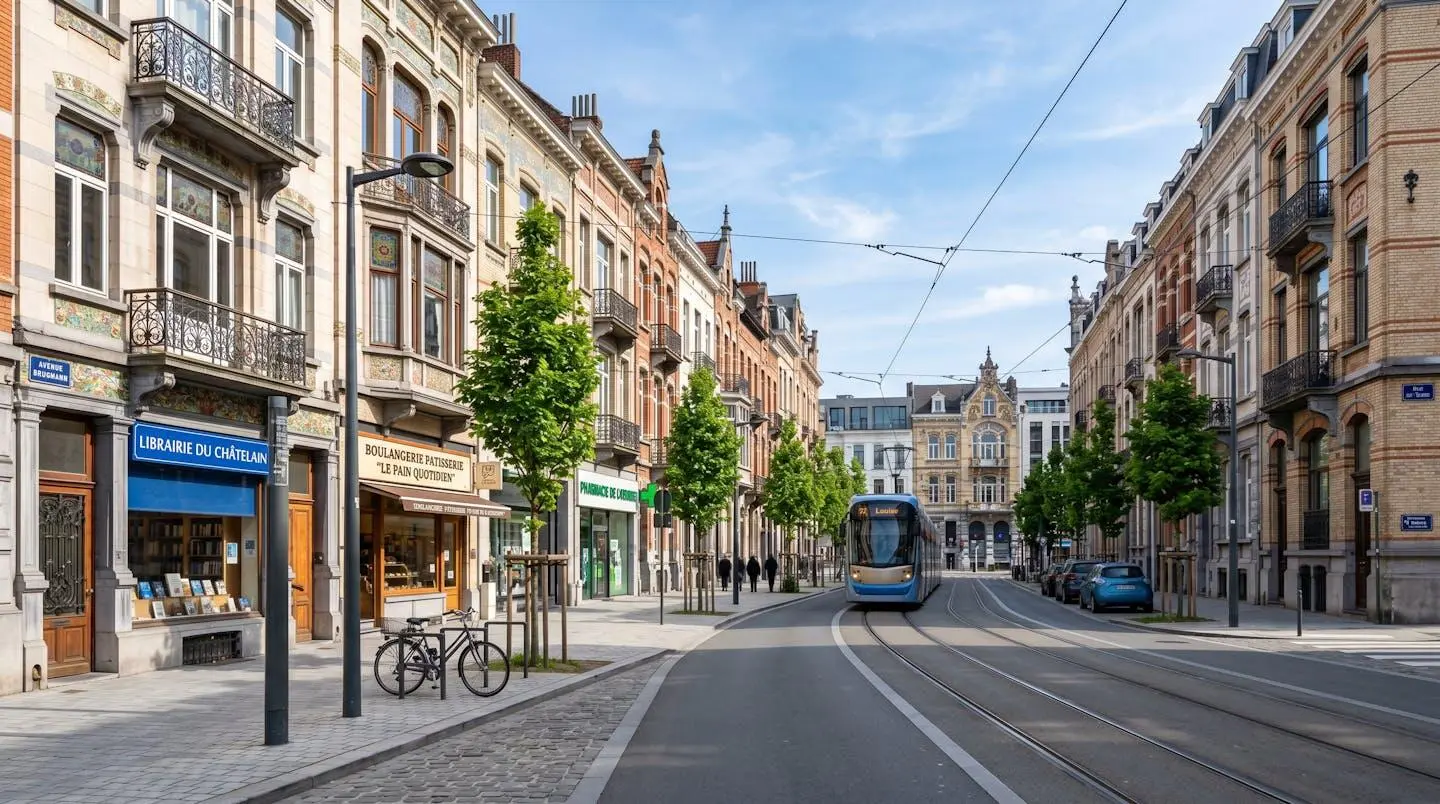 Une rue bruxelloise bordée de façades Art Nouveau sous une lumière naturelle éclatante avec silhouettes floues de passants