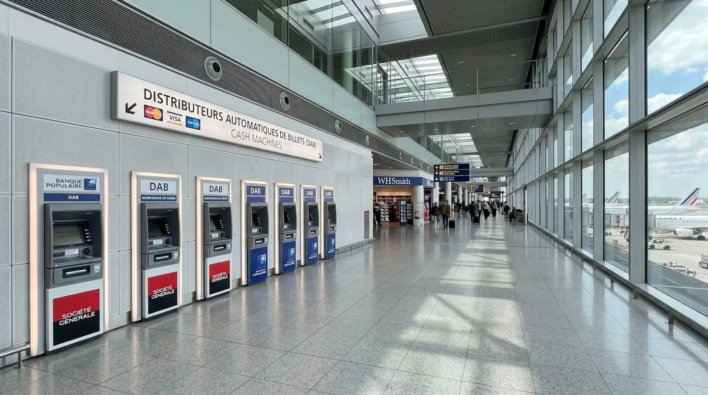 Vue grand angle d'un terminal d'aéroport international moderne avec une rangée de distributeurs automatiques de billets alignés le long d'un mur épuré, baigné de lumière naturelle